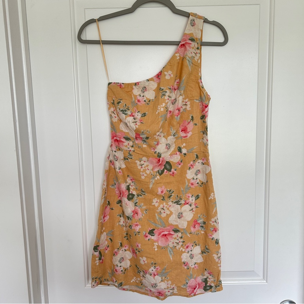 Abercrombie & Fitch Linen Blend Yellow Floral One-Shoulder Mini Dress, XS Tall